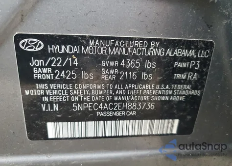 2014 Hyundai Sonata Se from USA, damaged, VIN 5NPEC4AC2EH883736